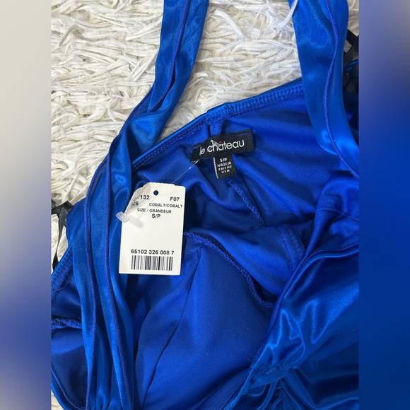 Y2K Le Chateau Halter Ruched Frill Cobalt Blue Formal Dress - Picture 4 of 7